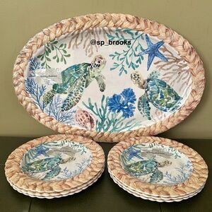 🎁7PC Tommy Bahama Melamine Dinnerware - 6 Salad Plates (9”) and 1 Tray (20.75”)